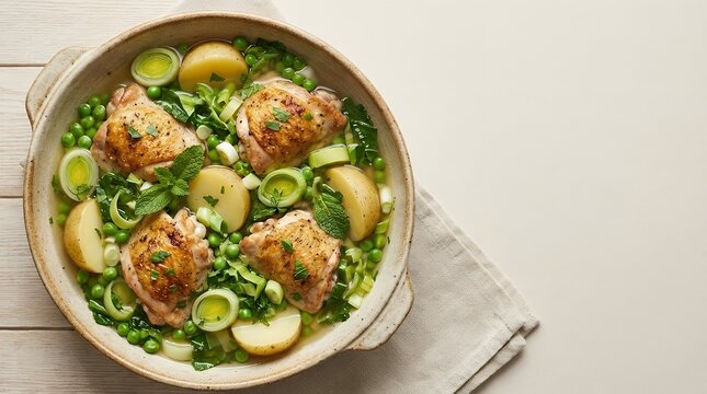 A delicious and hearty spring chicken casserole made with tender chicken potatoes leeks green peas white wine spring greens mint and green onions presented in a top view for a spring concept spring