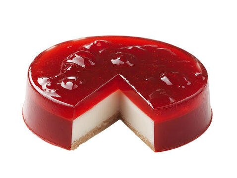 Layered red gelatin dessert with a creamy white center and fruit-flavored jelly, sliced to reveal smooth texture, isolated on white background.