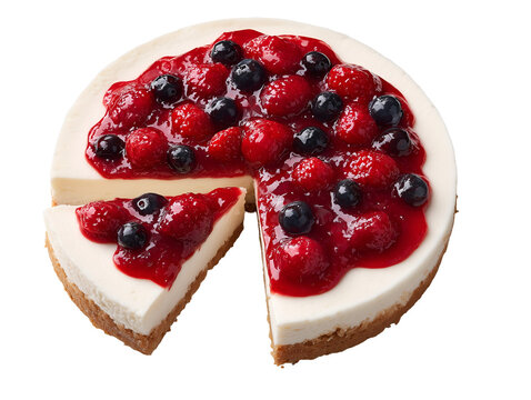 Whole no-bake cheesecake topped with mixed berry compote, one slice removed, on a buttery biscuit crust, isolated on a white background.