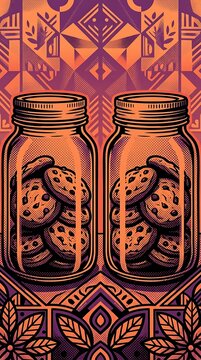 Two glass jars filled with chocolate chip cookies on retro background