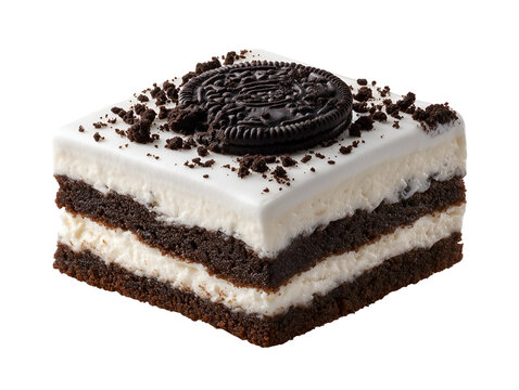 Layered Oreo dessert with chocolate cake, creamy filling, crushed chocolate sandwich cookies, and whole Oreo topping, isolated on white.