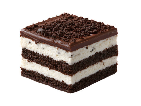 Layered Oreo dessert with chocolate cake, cookies and cream filling, chocolate ganache topping, and cookie crumbs, isolated on white background.