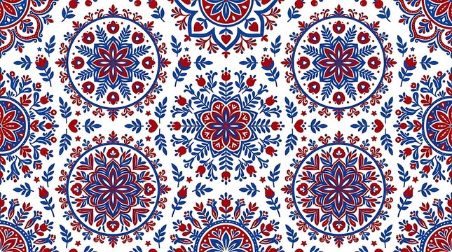 Red and blue floral mandala seamless pattern on white background