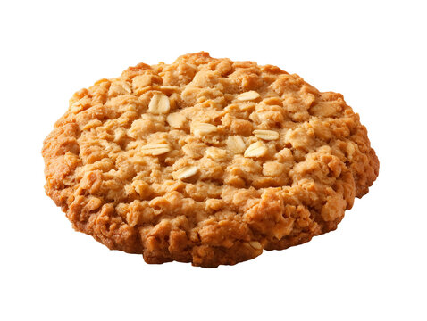 Homemade oatmeal cookie with rolled oats, crisp golden edges and chewy center, isolated on white background.