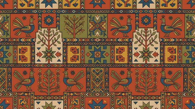 Seamless folk pattern with stylized birds trees and ethnic ornaments