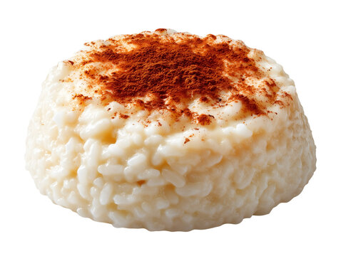 Creamy rice pudding topped with a generous dusting of cinnamon, isolated on a white background.