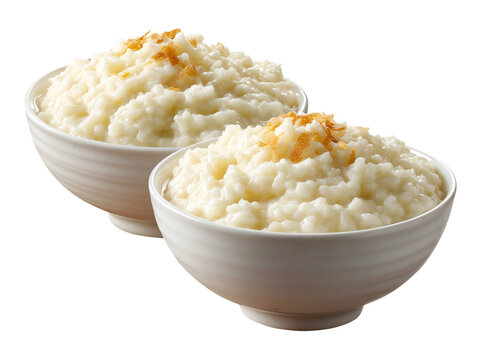 Two bowls of creamy rice pudding topped with toasted coconut flakes, isolated on a white background.