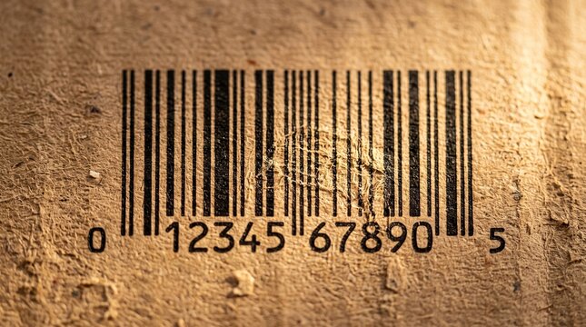 Close up of a barcode on a textured cardboard surface
