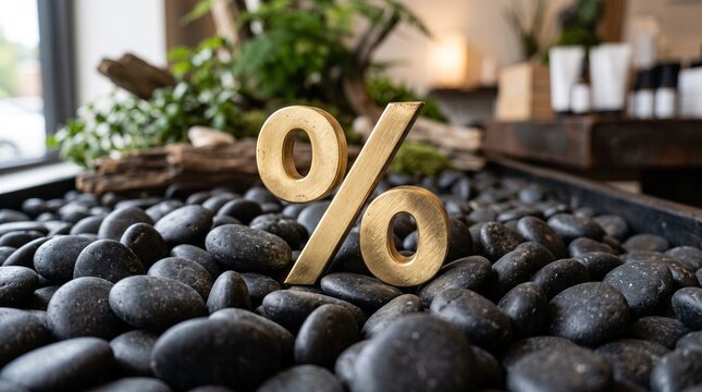 Golden percentage symbol resting on dark pebbles with lush green plants in background