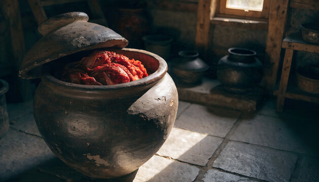 large earthenware onggi pot of kimchi partially open, vibrant red fermented cabbage visible, sitting on stone floor of traditional Korean kitchen