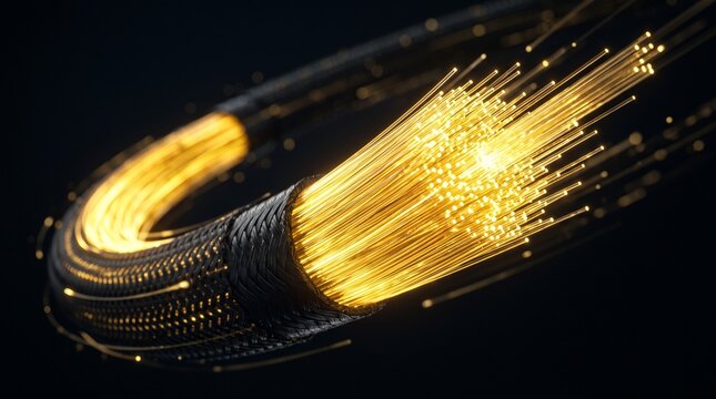 Close up of glowing fiber optic cable transmitting data with light 