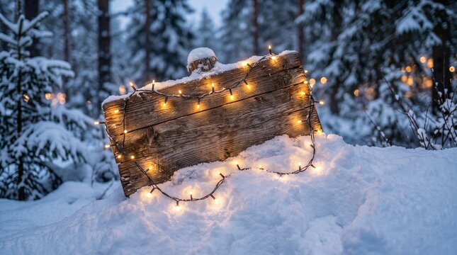 Rustic wooden signpost in snowy forest decorated with warm fairy lights 