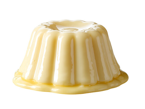 Smooth vanilla pudding with a glossy creamy finish, molded in a classic shape and isolated on a white background for studio food photography.
