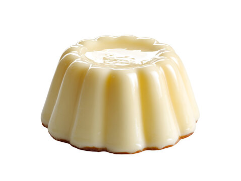 Creamy vanilla pudding with a smooth glossy finish, molded in a classic fluted shape and isolated on a white background.