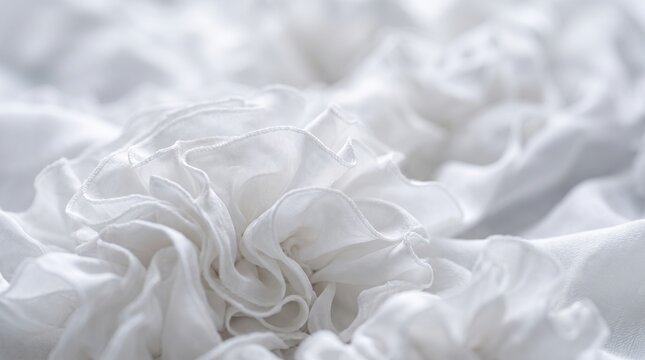 Close up of delicate white fabric ruffles with soft lighting 