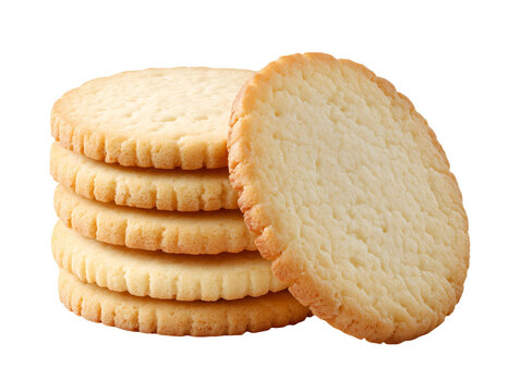 Classic sugar cookies stacked with one cookie standing upright, featuring a buttery texture and isolated on a white background.