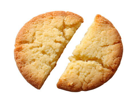 Broken sugar cookie showing a soft, crumbly buttery interior, isolated on a white background in a clean studio food photograph.
