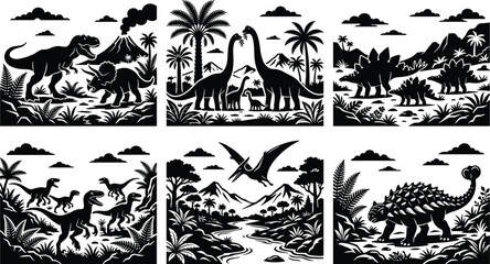 Prehistoric Dinosaur Landscapes and Volcanic Scenes Silhouette Vector Illustrations Set © Beauty
