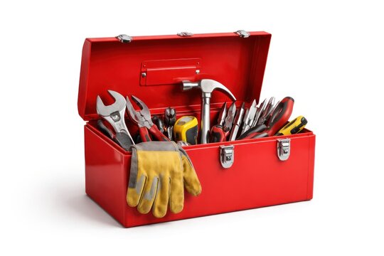 Red toolbox with assorted tools.