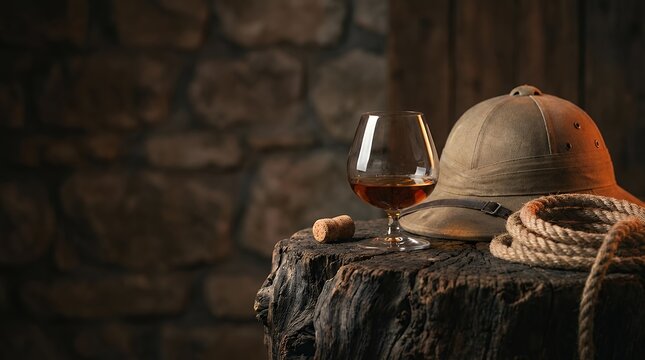A Moody and Atmospheric Still Life Featuring a Snifter of Brandy or Cognac a Cork a Tropical Colonial Helmet and a Coiled Rope. These evocative items are artfully arranged on an old wooden snag or