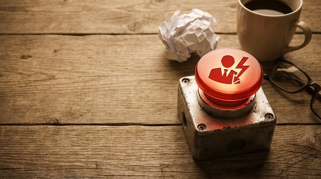 A Conceptual Image Depicting a "Career Emergency" Button on a Wooden Table. This powerful visual metaphor represents the sudden challenges stress and urgent decisions that can arise in one's