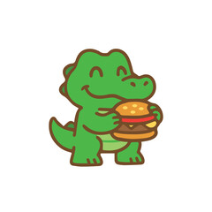 Fototapeta premium Cute crocodile eating a burger Cartoon Illustration