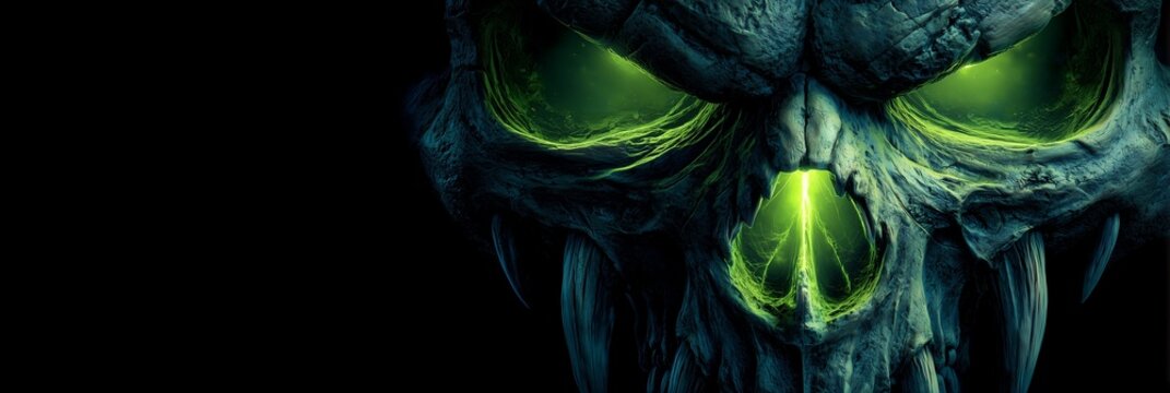Evil demon skull with glowing green eyes and cracked fangs on dark, ideal Halloween horror poster and decoration