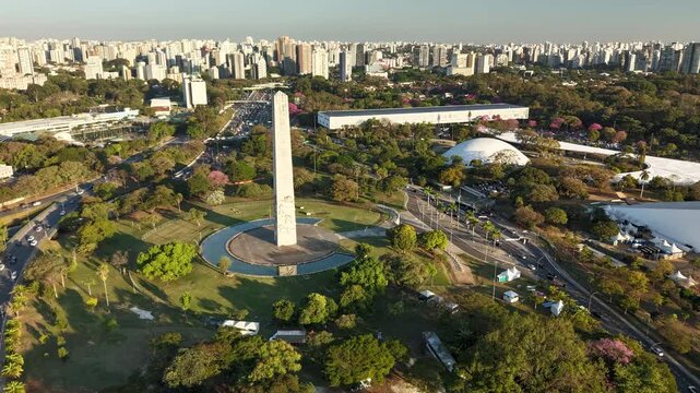 Ibirapuera Obelisk illuminated at nigh, in S&atilde;o Paulo, Brazil - stands out as one of the most emblematic monuments in the city and pays homage to the heroes of the 1932 Constitutionalist Revolution