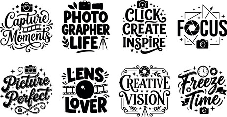 Photography typography t shirt design vector bundle featuring creative camera slogans photographer quotes and retro lettering emblem illustrations © ALOMGIR
