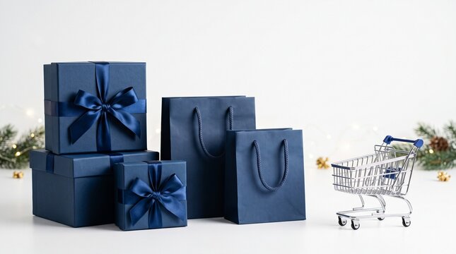 Premium Cyber Monday Shopping Sale With Dark Blue Gift Boxes And Bags