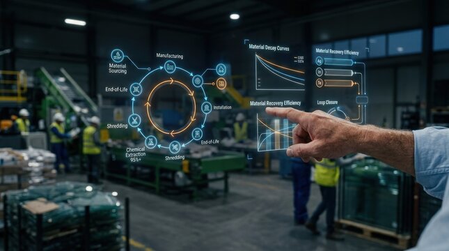 Engineer interacting with digital circular economy interface in factory, for sustainable manufacturing, resource recovery, commitment to green industrial innovation