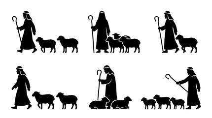 Fototapeta premium Ancient shepherd silhouettes leading a flock of sheep.