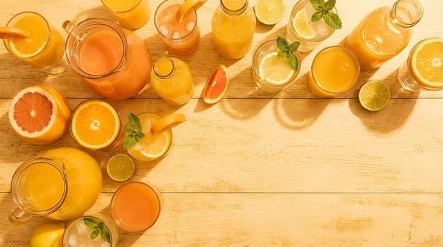 Refreshing and Vibrant Summer-Themed Flat Lay or Top View Composition Featuring an Array of Fresh Citrus Juices and Cocktails Made With Oranges Lemons Limes Grapefruits and Pineapple (Ananas)