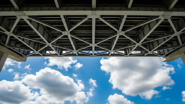 Symmetrical low angle view of industrial steel bridge infrastructure against bright blue sky with white clouds