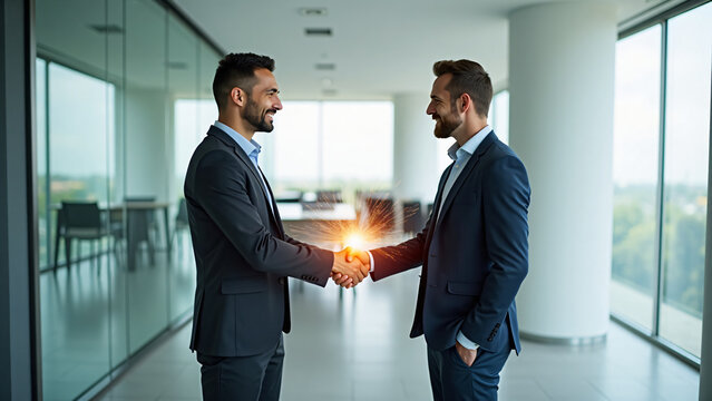 Business Handshake Symbolizing Innovation and Collaboration in Modern Office