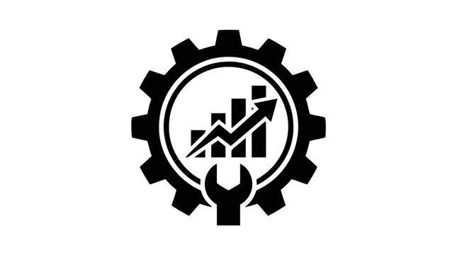 Vector illustration of gear icon with bar chart and wrench symbol for business optimization on a transparent background
