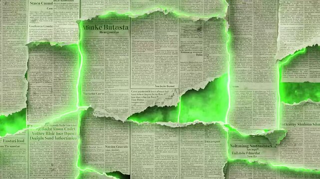 Animated Old Newspaper Background with Green Neon Glow and Grunge Texture. Seamless Loop Video.