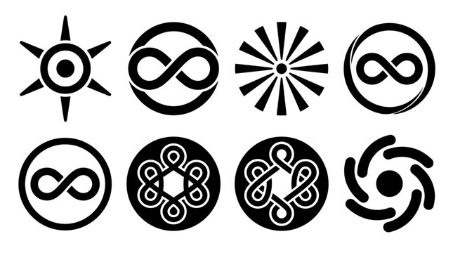 Black geometric circles and infinity symbol icons.