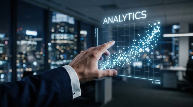 Businessman touching digital holographic analytics chart in modern office, for data driven decision making, financial growth, strategic planning corporate business success