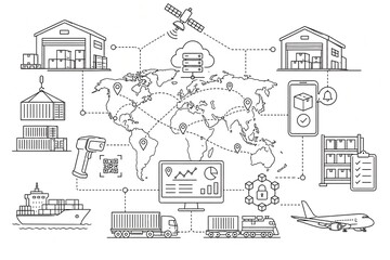 Obraz premium Global logistics and supply chain management line art illustration vector with world map, shipping transport, warehouse, cloud data, and tracking.