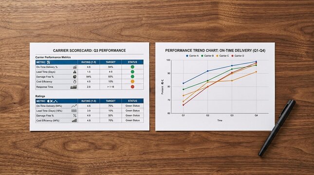 Carrier scorecard printout a pen and a folder of performance data on a table
