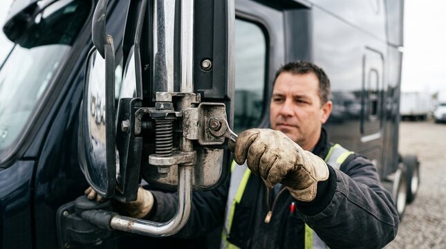Driver checking mirror alignment and securement during a pre-trip vehicle inspection routine