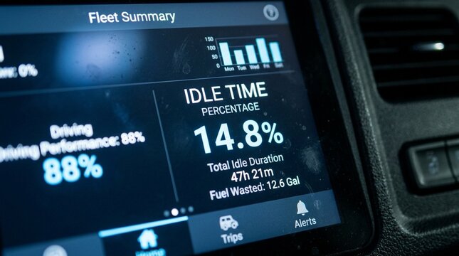 An idle time percentage displayed within a telematics dashboard summary panel