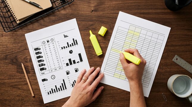 Telematics idle time report a highlighter and a fuel budget sheet on a desk