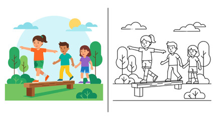 Children Balancing on Beam, Outdoor Activity, Kids Exercise, Summer Fun, Line Art Coloring Page