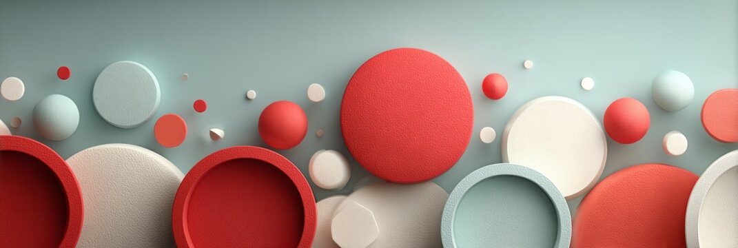 Pastel 3D circles spheres discs textured abstract background with empty space on top