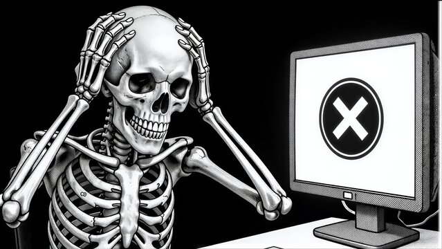 Skeleton frustrated at computer screen showing error symbol, holding head in distress.