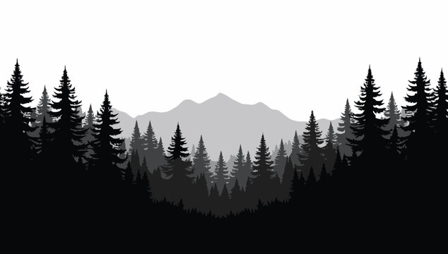 Forest trees set. tree silhouettes for winter forest landscape design, Mountain landscape. Mountains and coniferous forest. Christmas tree, fir-tree, pine, pine-tree
