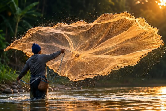 Traditional Indonesian fisherman casting handmade net over calm river at golden hour backlight