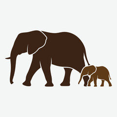 Fototapeta premium Minimalist illustration of a mother elephant walking with her cute baby calf isolated on white background